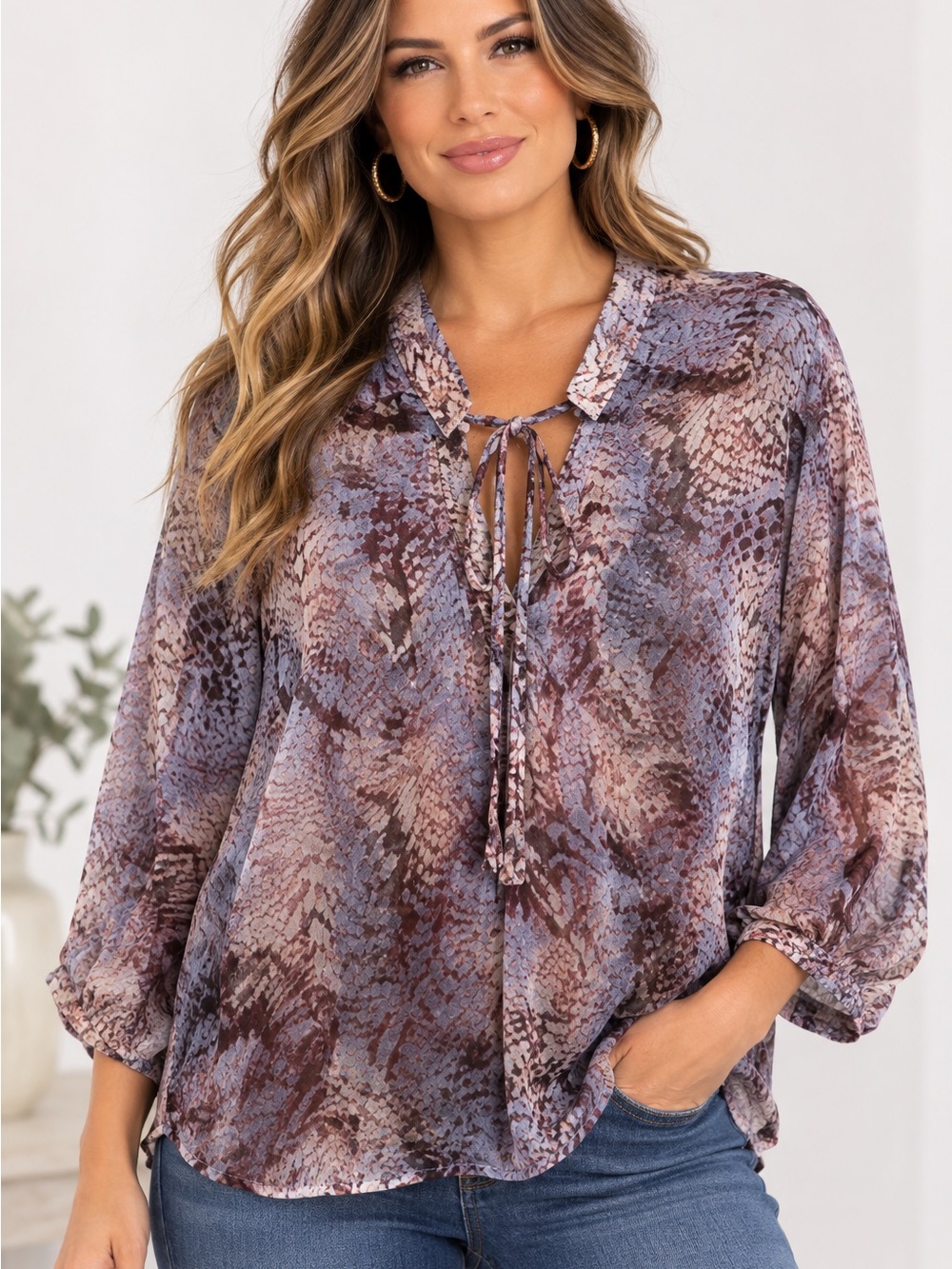 PATTERSON J. KINCAID PURPLE PYTHON PRINT SHEER LONG puff SLEEVE BLOUSE M